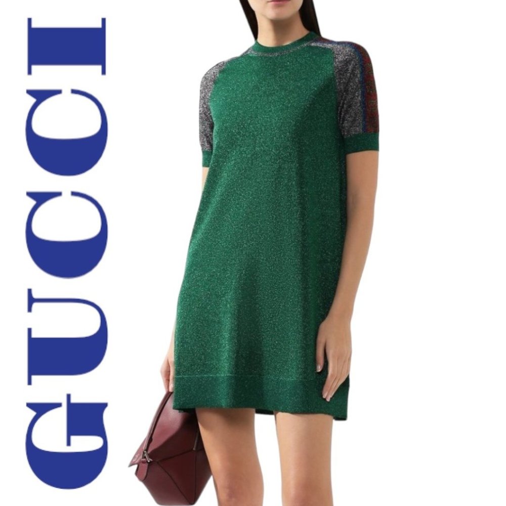 NWT GUCCI Metallic Green Short Sleeve Crew Neck Mini T-Shirt Dress, Size Small - Picture 1 of 13